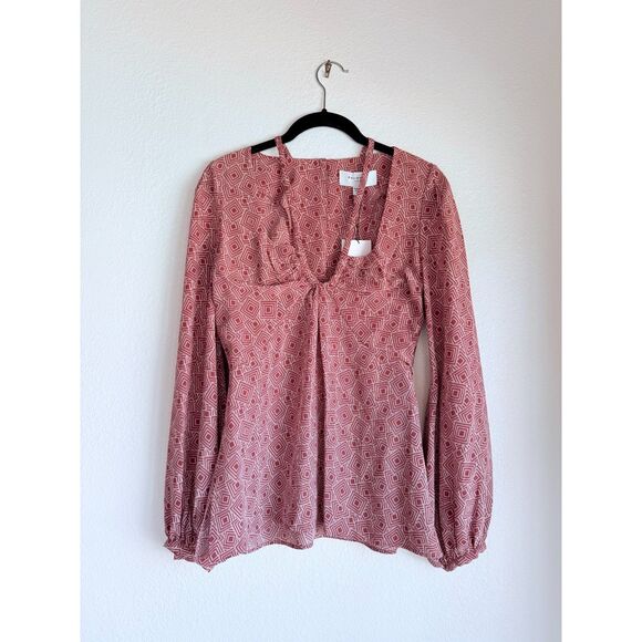 NWT Equipment Femme Arden 100% Silk Geometric Print Blouse in Earth Red Size 6 - Picture 6 of 14